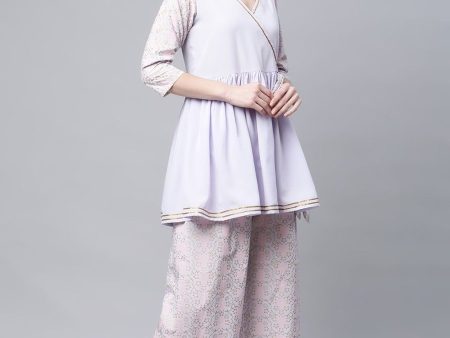 Ahalyaa Women Lavender Crepe Printed Kurta Palazzo Set For Sale