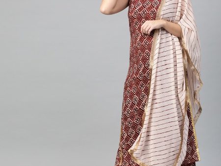 Ahalyaa Women Maroon & Off-White Printed Kurta with Palazzos & Dupatta For Cheap