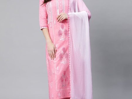 Ahalyaa Women Light Pink Colour Pure Cotton Printed Kurta Pant Set With Dupatta Supply