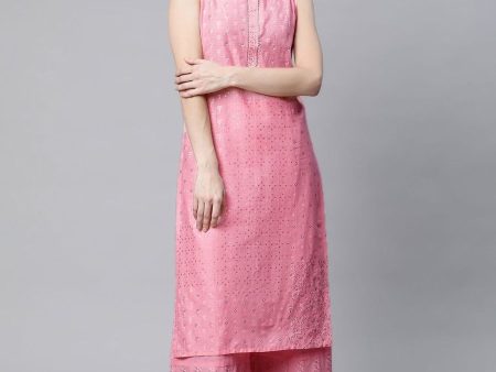 Ahalyaa Women Light Pink Colour Pure Cotton Printed Kurta Palazzo Set Hot on Sale