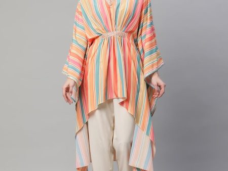 Ahalyaa Women Multi Color Crepe Striped Printed Kaftan Kurta With Trousers Online Sale