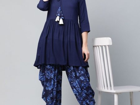 Ahalyaa Women Navy Blue Rayon Floral Empire Kurti with Dhoti Pants Supply