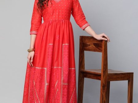 Ahalyaa Women Red Chanderi Khari Printed Dress Fashion