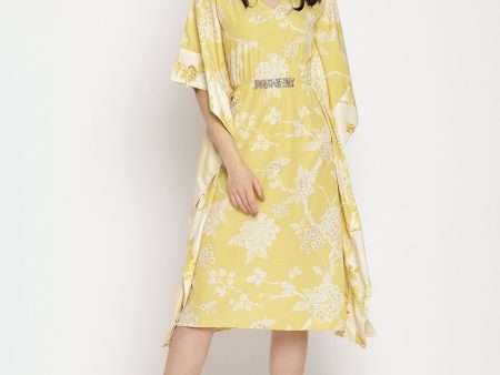 Ahalyaa Women Lime Green & Off White Floral Printed Flared Sleeves Floral Kaftan Kurta Online Sale