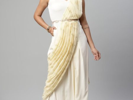 Ahalyaa Women Off White Crepe Georgette Saree Dress With Printed Pallu Online Sale