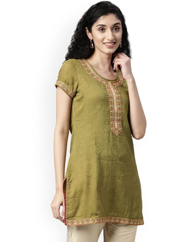 Souchii Olive Green Woven Design Kurta Online Hot Sale