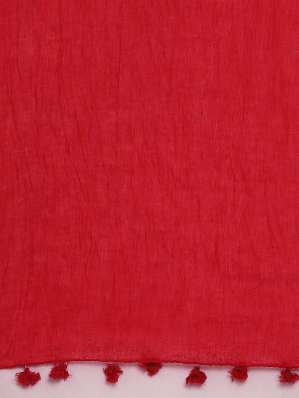 Souchii Red Solid Tasselled Cotton Dupatta Discount