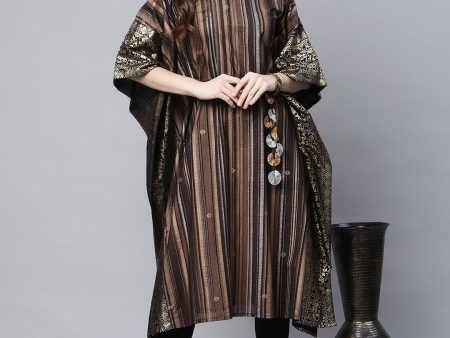 Ahalyaa Women Brown Georgette Gold Silver Printed Kaftan Kurta For Discount