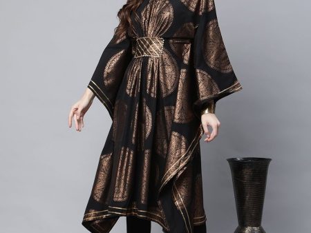 Ahalyaa Women Black Crepe Copper Foil Printed Flared Sleeve Kaftan Kurta Online Sale