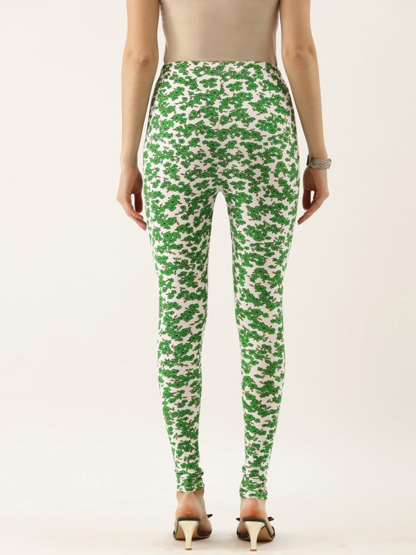 Souchii White & Green Printed Ankle-Length Leggings on Sale