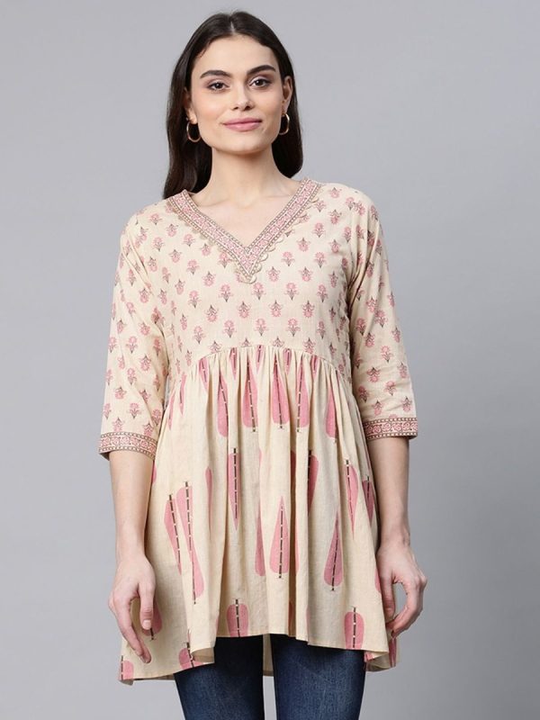 Ahalyaa Women Beige Pure Cotton Printed Tunic Hot on Sale