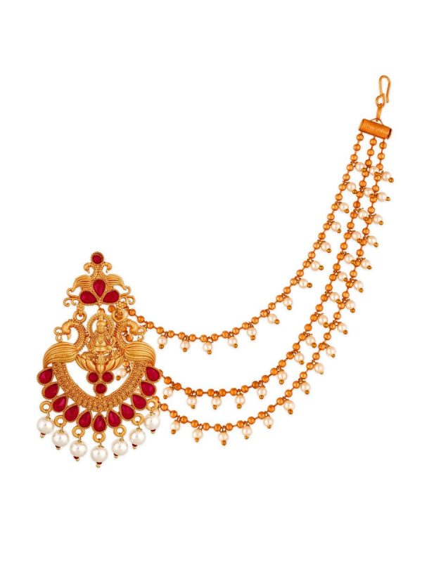 Aadita Red Gold-Toned & White Pearls Studded Contemporary Drop Earrings With Hair Chain Online now