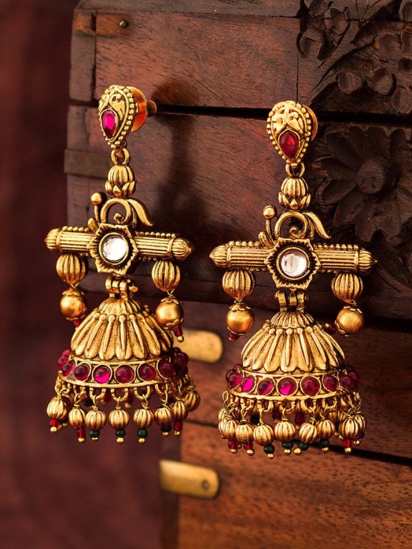 Aadita Gold-Toned Geometric Jhumkas Earrings Supply