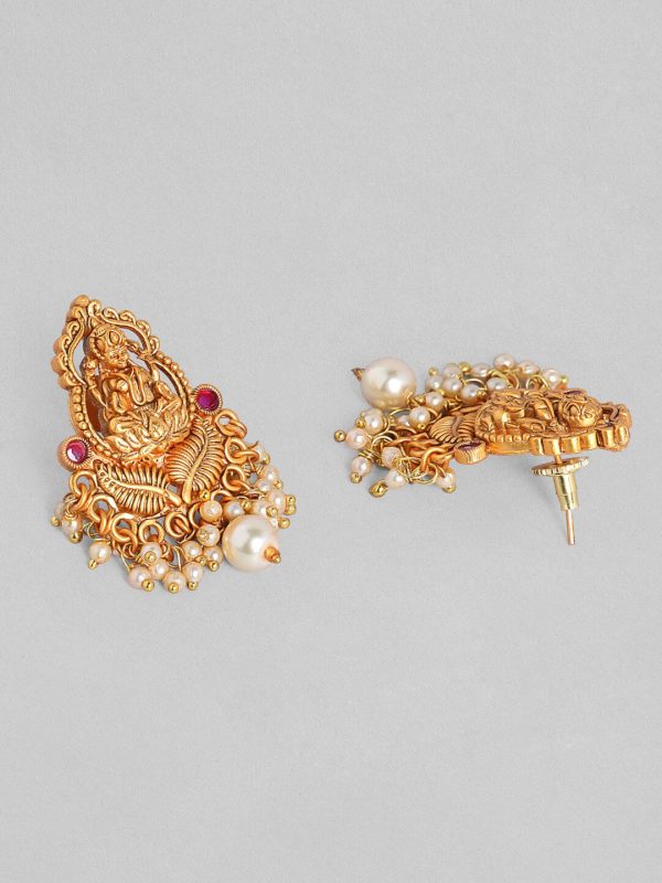 Rubans Women Gold-Toned Pearl Studded Contemporary Lakshmi Chandbali Earrings Online now