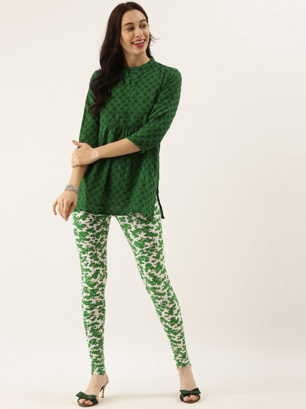 Souchii White & Green Printed Ankle-Length Leggings on Sale