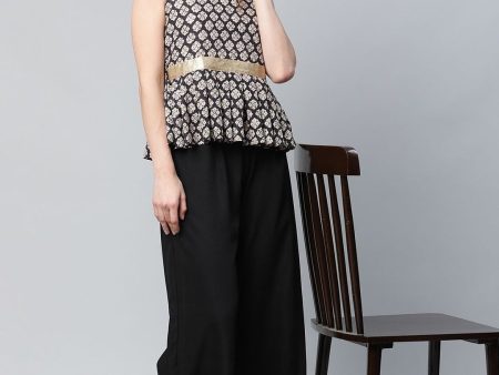 Ahalyaa Women Black Crepe Digital Printed Top with Palazzo Set Online Hot Sale