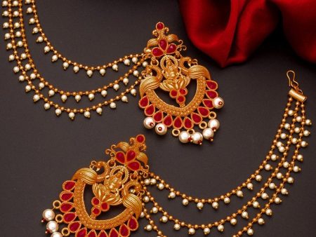 Aadita Red Gold-Toned & White Pearls Studded Contemporary Drop Earrings With Hair Chain Online now