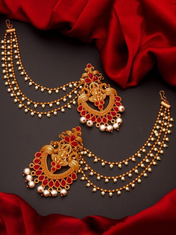 Aadita Red Gold-Toned & White Pearls Studded Contemporary Drop Earrings With Hair Chain Online now