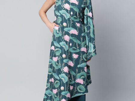 Ahalyaa Women Green Crepe Floral Printed Kurta with Palazzo Set Online