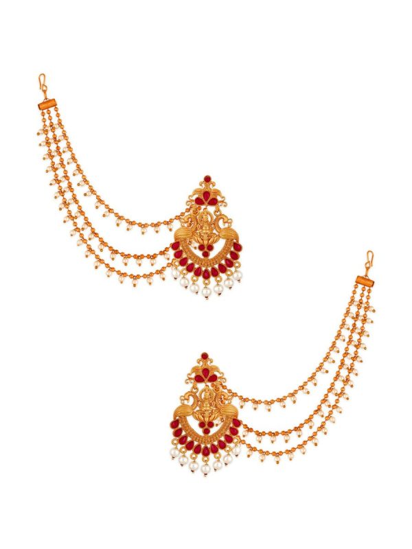 Aadita Red Gold-Toned & White Pearls Studded Contemporary Drop Earrings With Hair Chain Online now