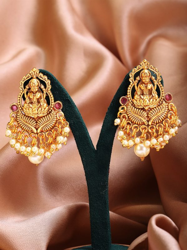 Rubans Women Gold-Toned Pearl Studded Contemporary Lakshmi Chandbali Earrings Online now