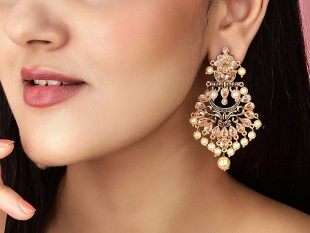 Rubans Gold-Toned Kundan Studded & Pearl Beaded Crescent Shaped Chandbalis Earrings Sale