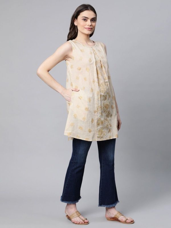 Ahalyaa Women Beige Pure Cotton Floral Printed Tunic Discount