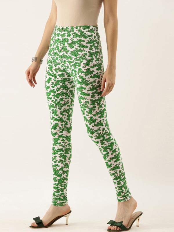 Souchii White & Green Printed Ankle-Length Leggings on Sale