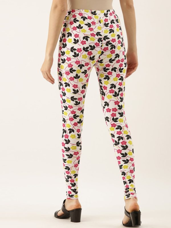 Souchii White & Pink Floral Printed Ankle-Length Leggings Fashion