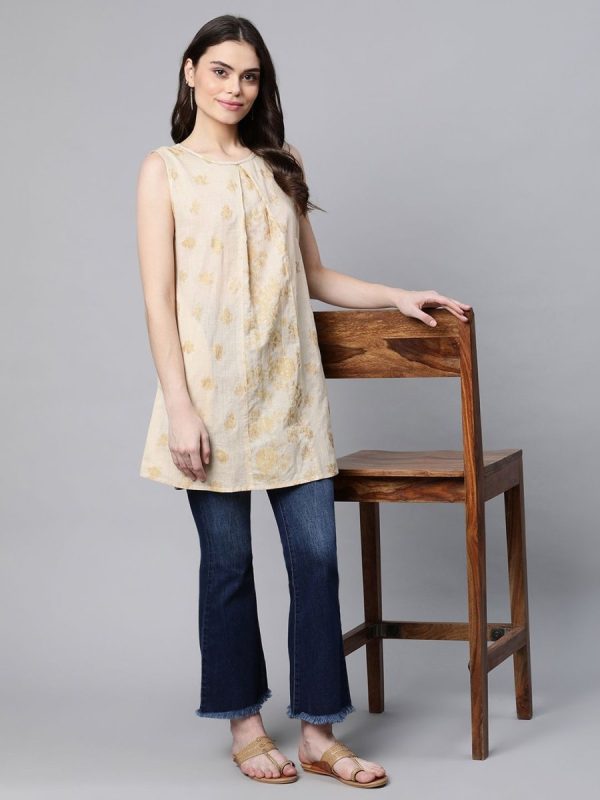 Ahalyaa Women Beige Pure Cotton Floral Printed Tunic Discount