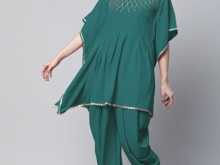 Ahalyaa Women Dark Green Crepe Glitter Printed Kurta with Dhoti Pants Supply