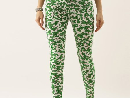 Souchii White & Green Printed Ankle-Length Leggings on Sale