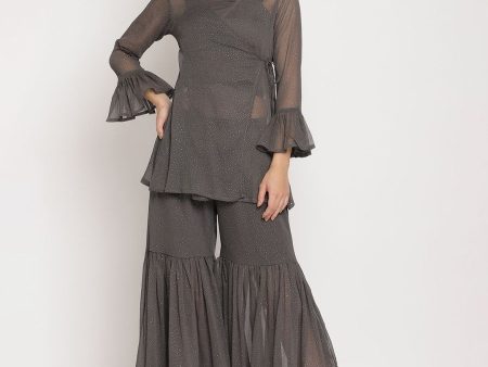 Ahalyaa Women Charcoal Grey Poly Chiffon Angrakha Kurta with Inner & Sharara on Sale