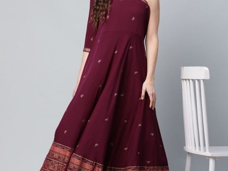 Ahalyaa Women Burgundy & Gold-Toned Ethnic Motifs One Shoulder Ethnic Maxi Dress Supply