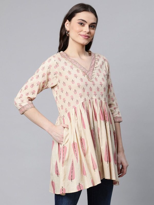 Ahalyaa Women Beige Pure Cotton Printed Tunic Hot on Sale