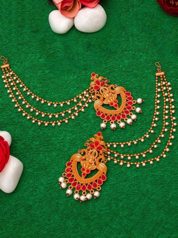 Aadita Red Gold-Toned & White Pearls Studded Contemporary Drop Earrings With Hair Chain Online now