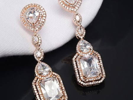 Yellow Chimes Rhodium-Plated Rose-Gold White AD-Studded Drop Earrings Fashion