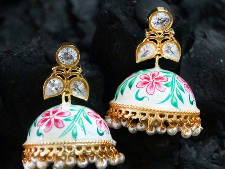 Rubans Gold-Toned & White Hand Painted Kundan Jhumkas Hot on Sale