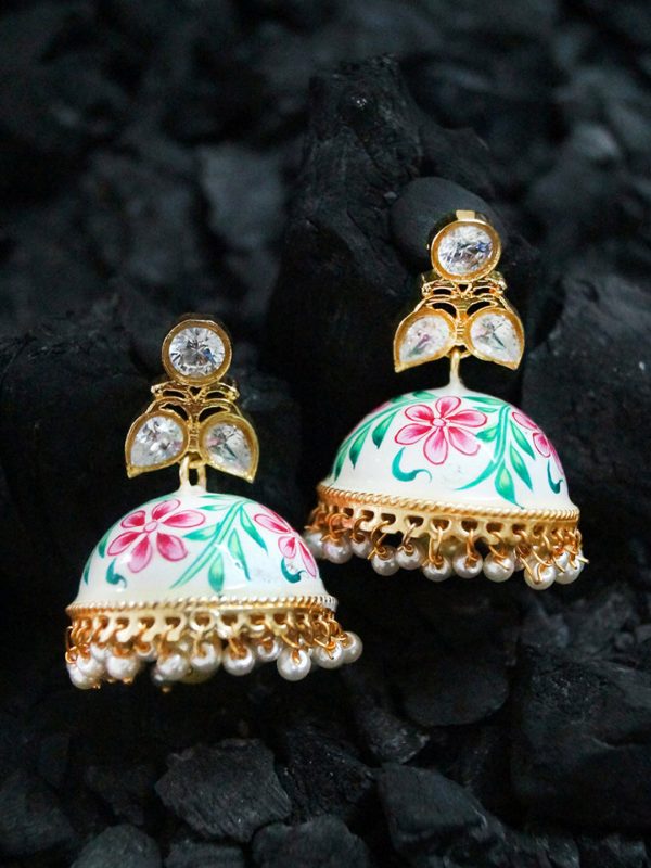 Rubans Gold-Toned & White Hand Painted Kundan Jhumkas Hot on Sale