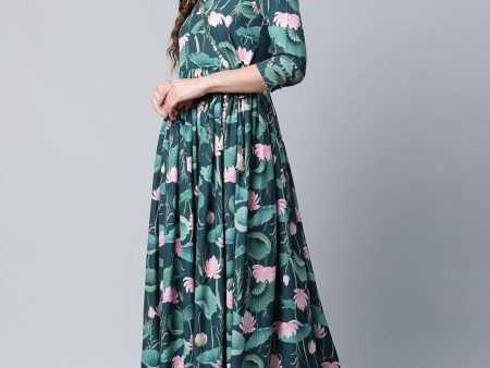 Ahalyaa Women Dark Green Crepe Digital Print Dress Online now