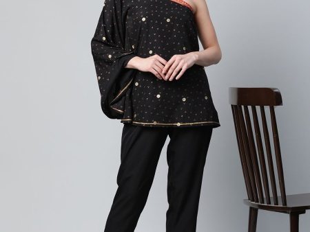 Ahalyaa Women Black Crepe Printed Top with Trouser Set Supply