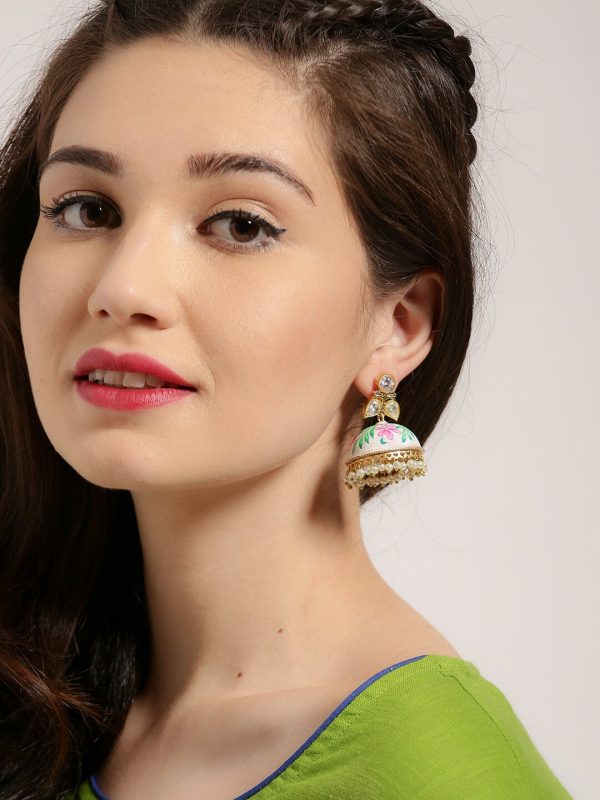 Rubans Gold-Toned & White Hand Painted Kundan Jhumkas Hot on Sale