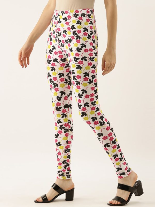 Souchii White & Pink Floral Printed Ankle-Length Leggings Fashion